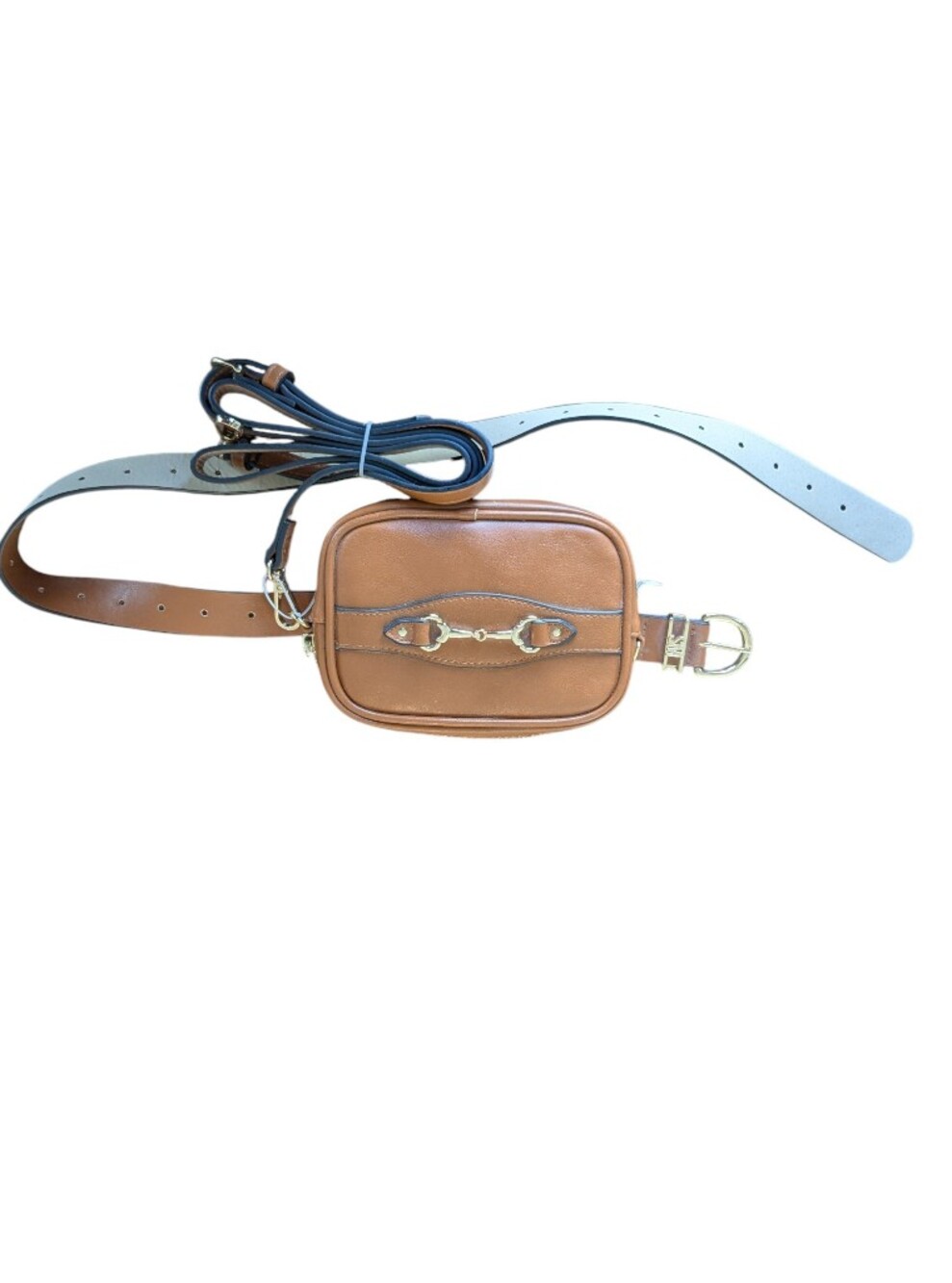 Faux Leather Hip Bag with Gold Horsebit Hardware - Brown
